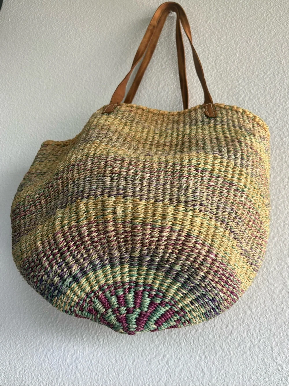 Woven Straw Tote Bag with Brown Leather Straps